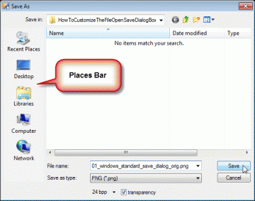 default windows places bar in file open dialog to customize