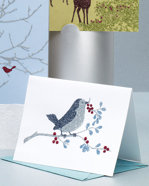 Glittered Clip-Art Bird and Berry Cards