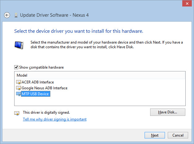 Google Nexus 4, Nexus 5, Nexus 7 driver for Windows 8.1
